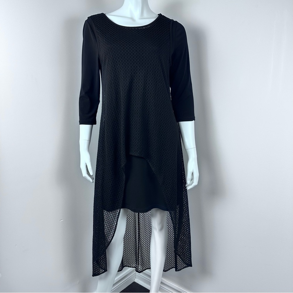 Simon‎ Chang Black Mesh High-Low Dress Medium with Three-Quarter Sleeves